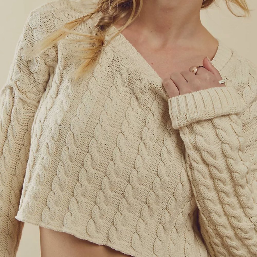 Free People Tuesday Cropped Cream Cableknit Sweater